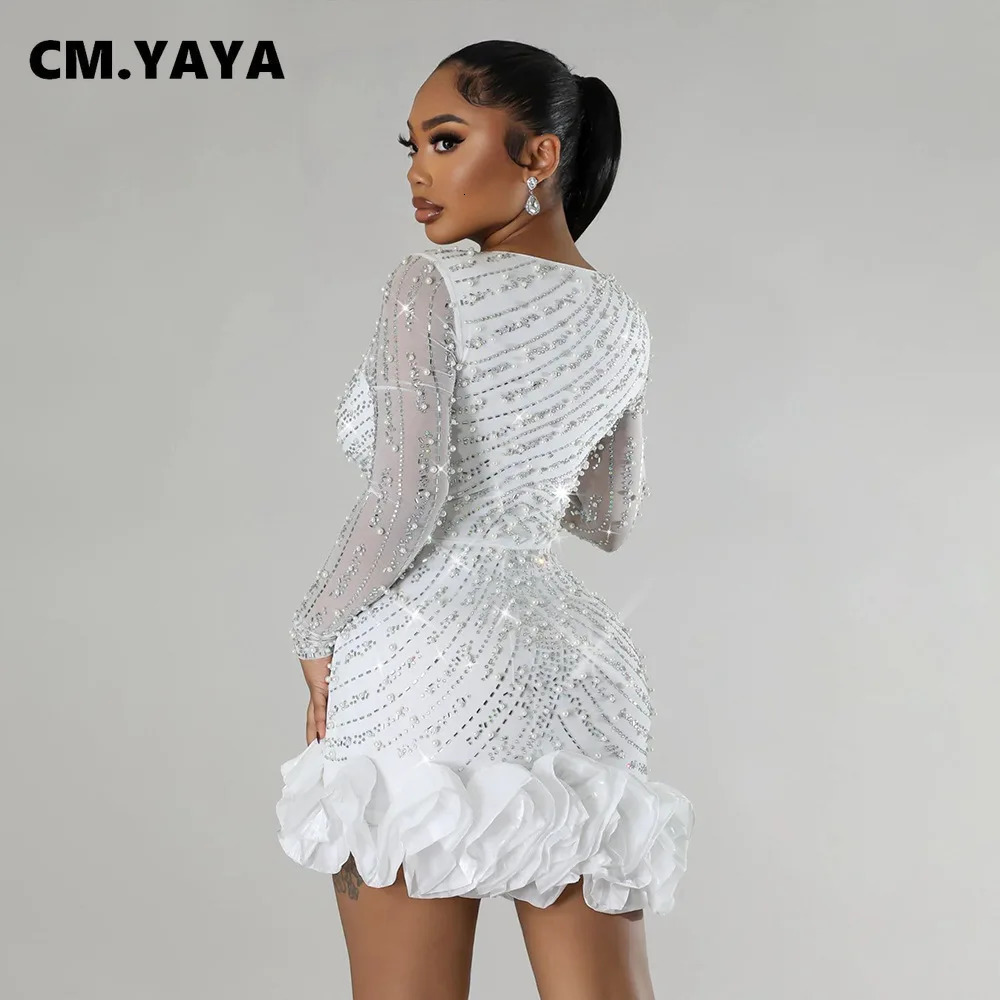 CM.YAYA Spring Women Long Sleeve Ruffles Drilling Bead Short Dress Sexy Night Club Evening Birthday Mini Dresses Vestidos 240617