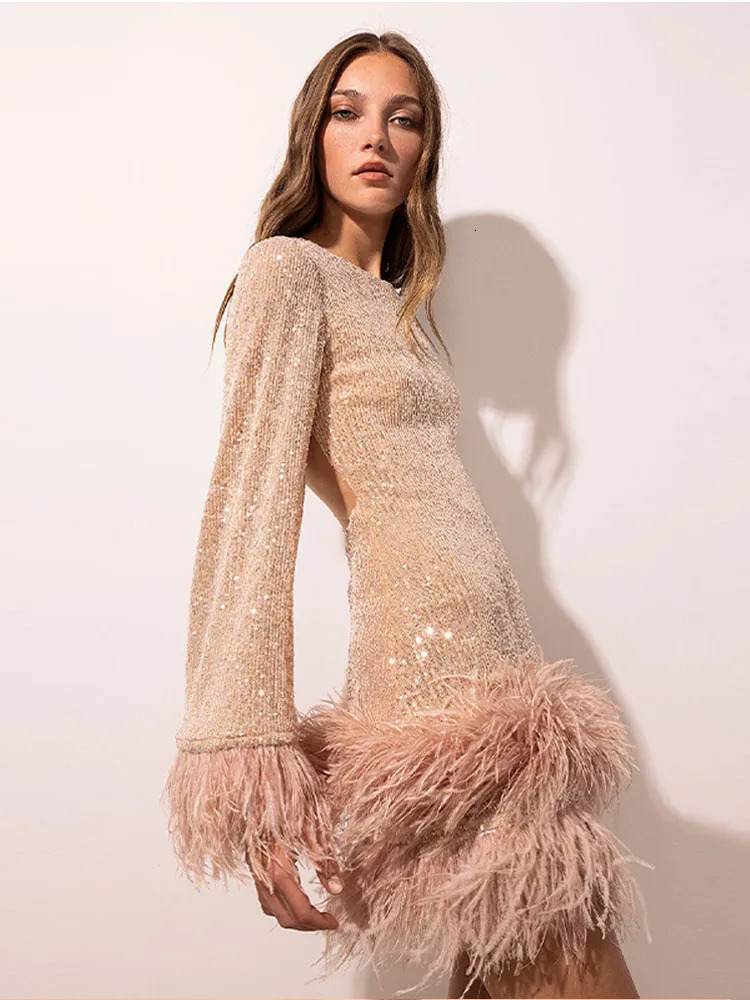 Sequined Fringes Backless Women Dresses Long Sleeve Slim Solid Female Dress Autumn Shinny Party Ladies Mini Vestidos 240617