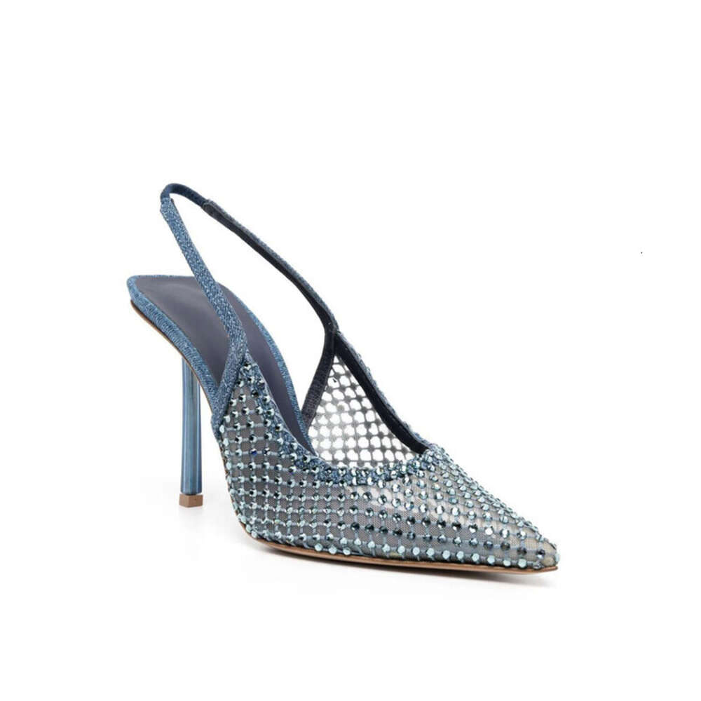 2024Women's Summer New Water Diamond Mesh Transparent High Sandals Pointed Head Large Size Thin Heel Shoes Women's