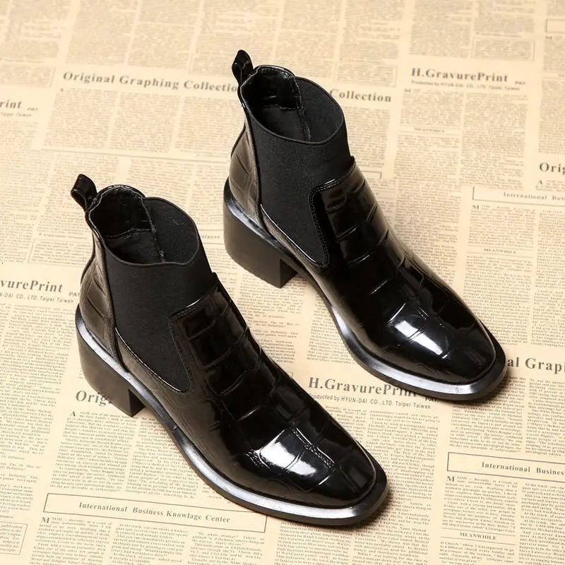 Women Round Toe Block Low Heel Black Slip On Patent Leather Ankle Boots Comfortable Non-slip Shoes 240617