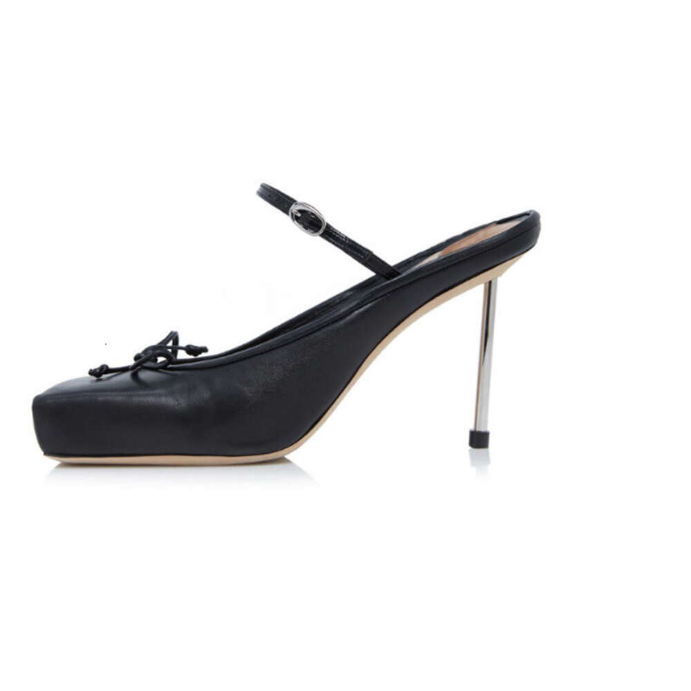 Summer Women's New Bow Tie Slim High Heel Sandals Fashionable Square Head Strap Show Ballet Dance Muller Shoes