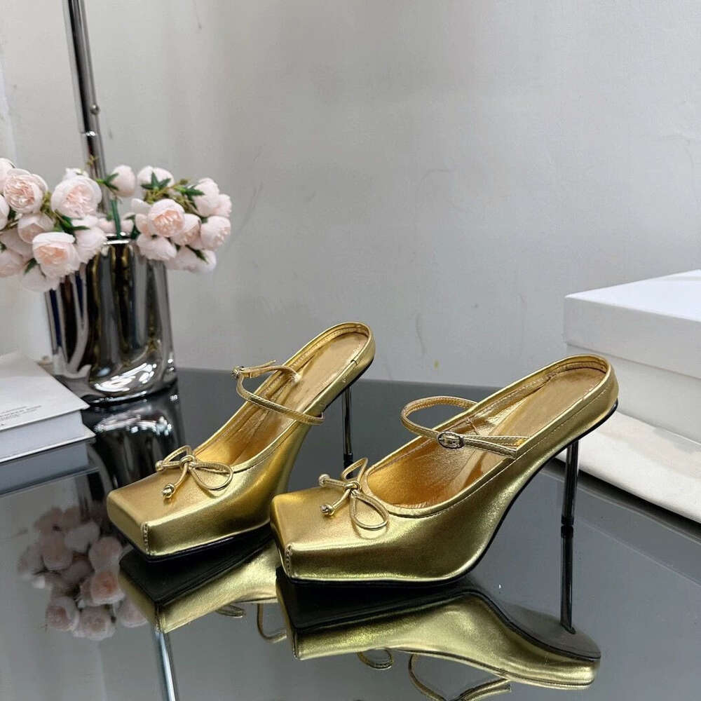 Summer Women's New Bow Tie Slim High Heel Sandals Fashionable Square Head Strap Show Ballet Dance Muller Shoes