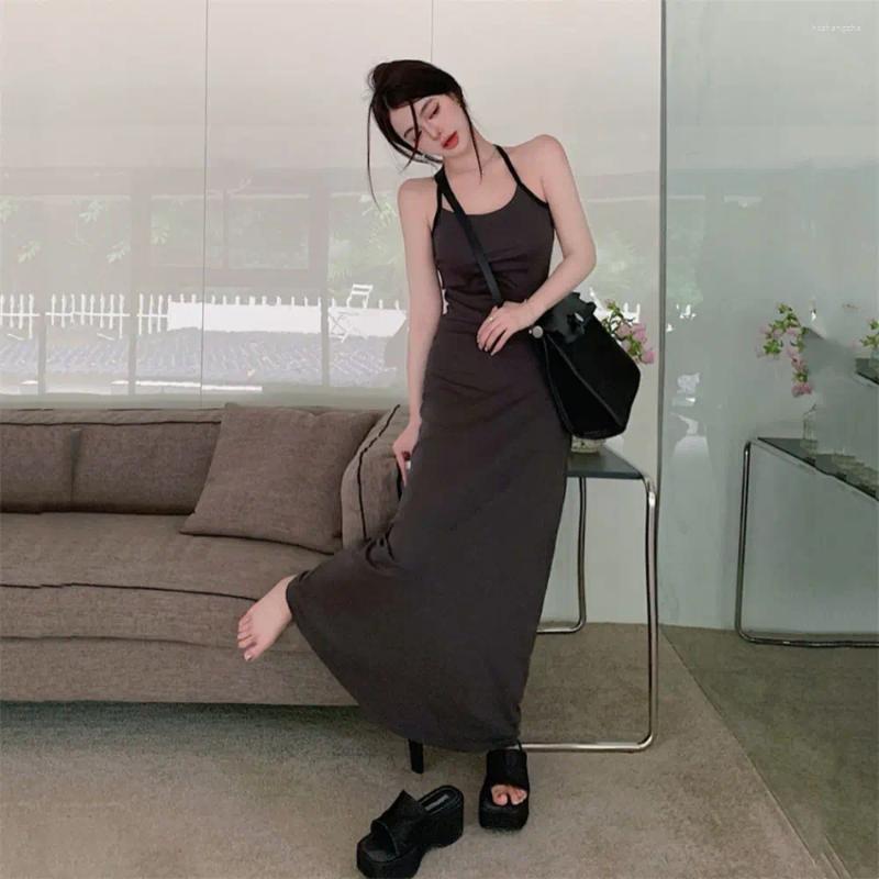 Casual Dresses Halter Long Women Slim Simple Bodycon Summer Hip Wrapped Korean Style Chic Temperament Elegant Vintage Stylish Ins BF
