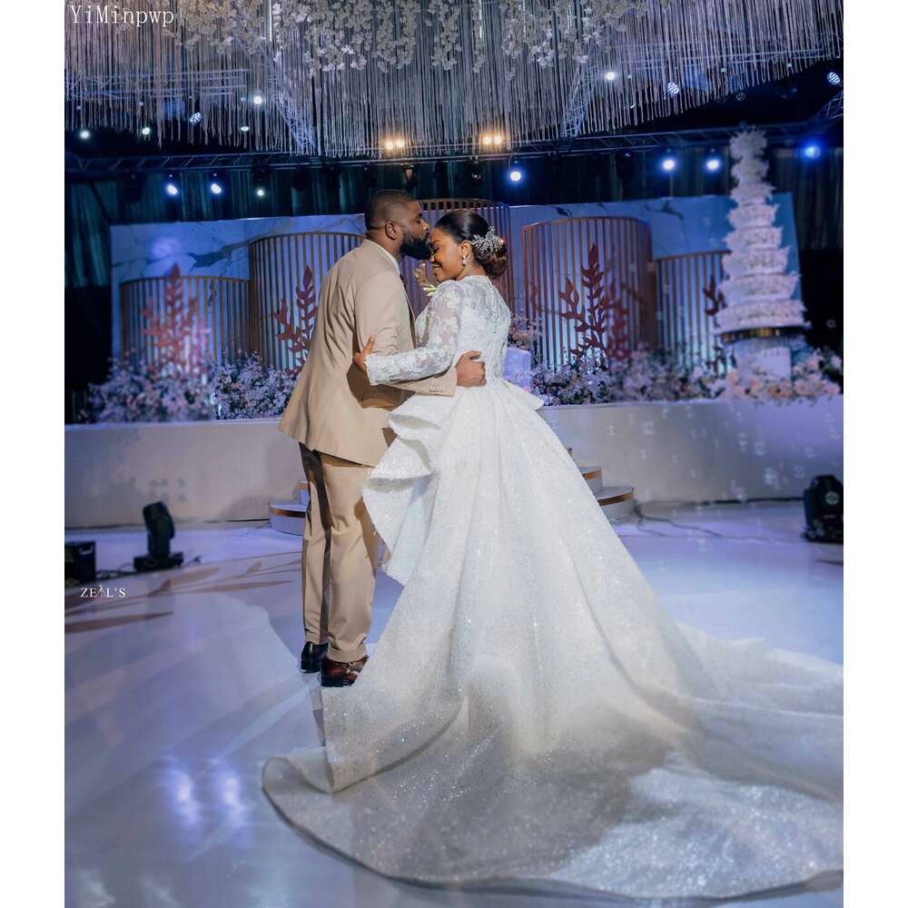 Civil Nigerian Mermaid Wedding Dresses with Detachable O Neck Long Sleeve Sweep Train Lace Sequin Town Hall Bridal Gowns