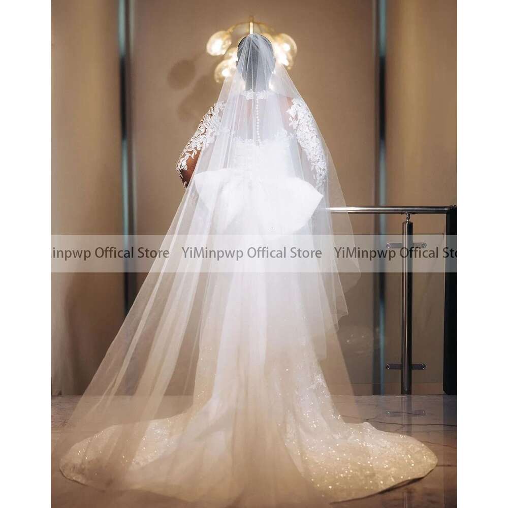 Shinny Mermaid Wedding Dresses for Bride African Bridal Gowns O Neck Long Sleeve Sweep Train Lace Appliques Sequined Beads