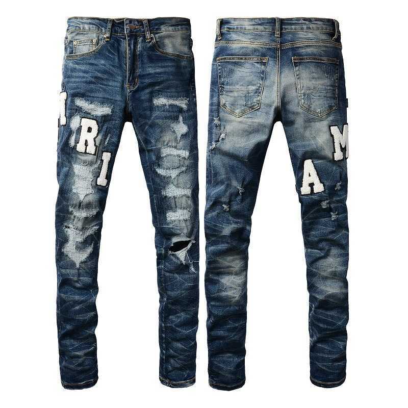 Street High Jeans Embroidered Letter Hole Patch Elastic Slim Fit Small Feet Pants for Men #1314