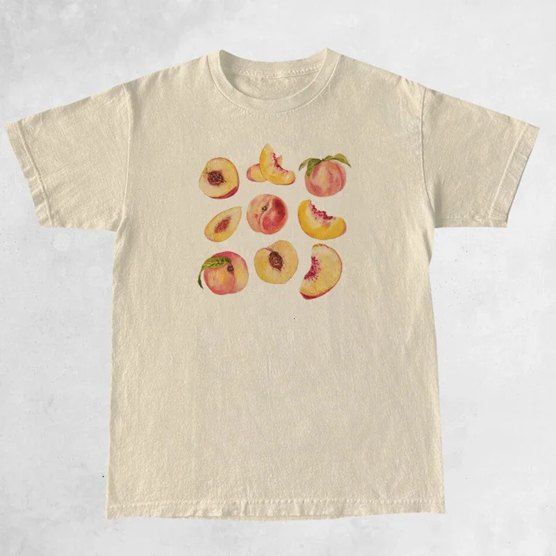 Women's T-Shirt Vintage Peaches Printed Graphic Tees Women Cute Cottagecore Aesthetic T-Shirts Short Sleeve Female Retro Grunge Tops Clothes 2405