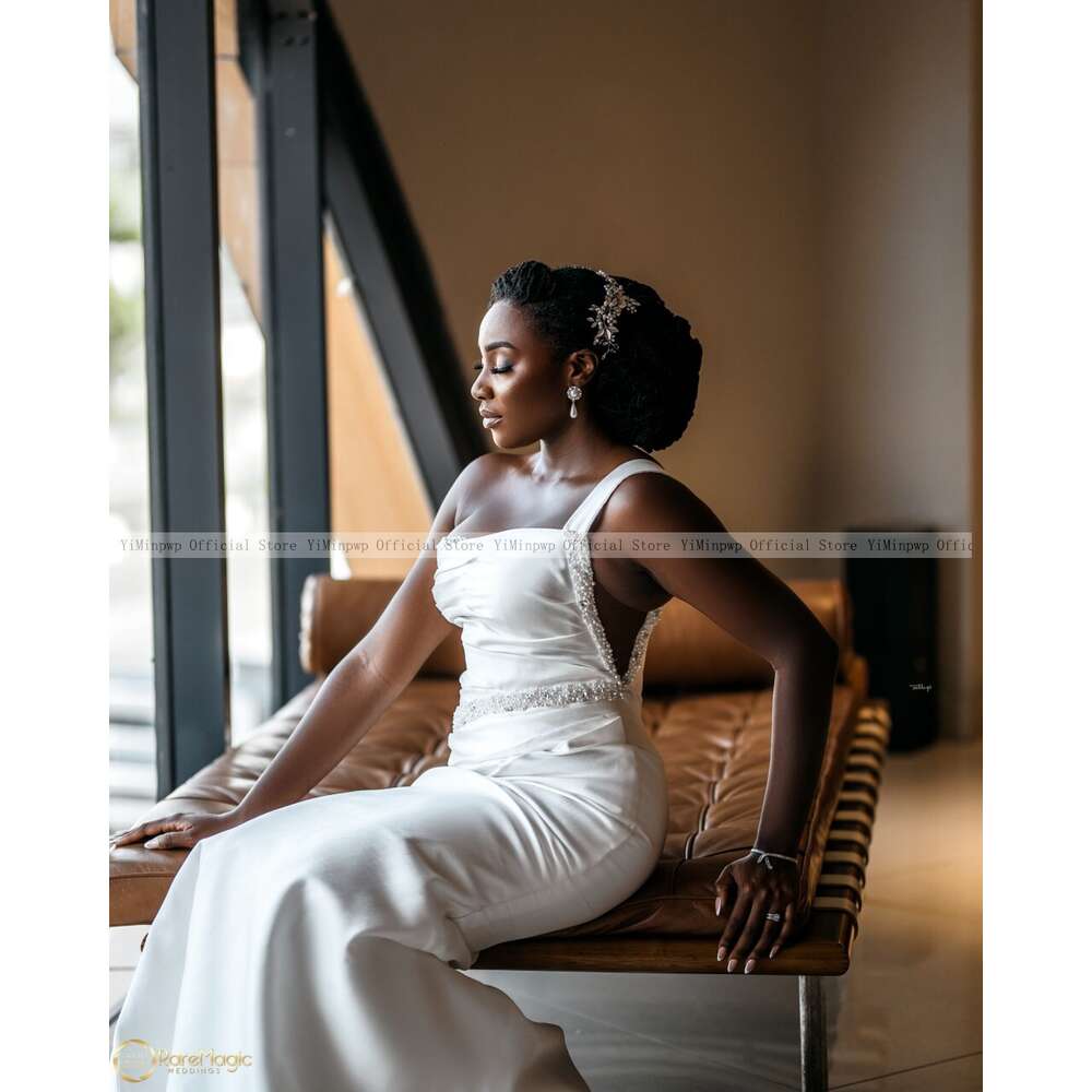 White Satin Mermaid special Dresses with Detachable One Shoulder Sweep Train Pearls Beading Illusion Africa Bridal Gowns