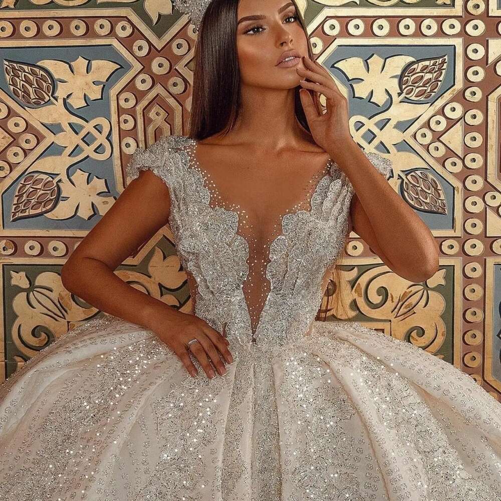 Sexy Deep V-neck Sleeveless Bridal Dress Sparkly Sequins Beads Wedding Arabic Ball Gown Bride Robe Vestido De Novia