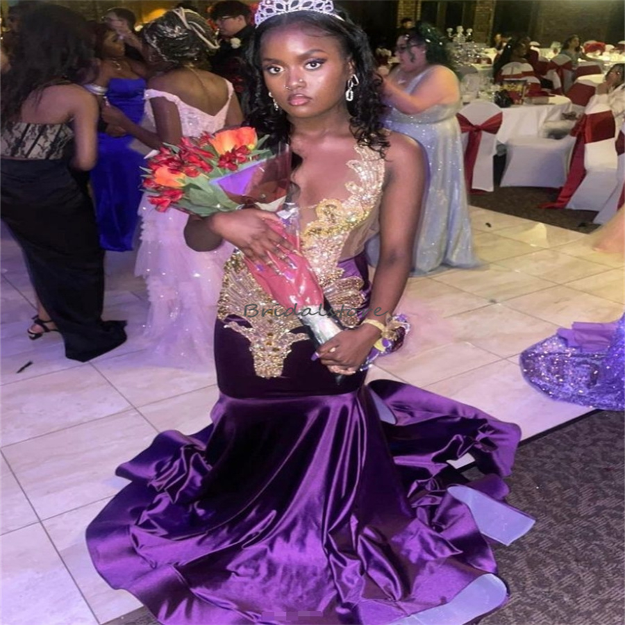 Classical Purple Nigeria Prom Dresses For Black Girls Elegant Diamond Beaded Crystal Mermaid Evening Dress Court Train Formal Special Occasion Dance B
