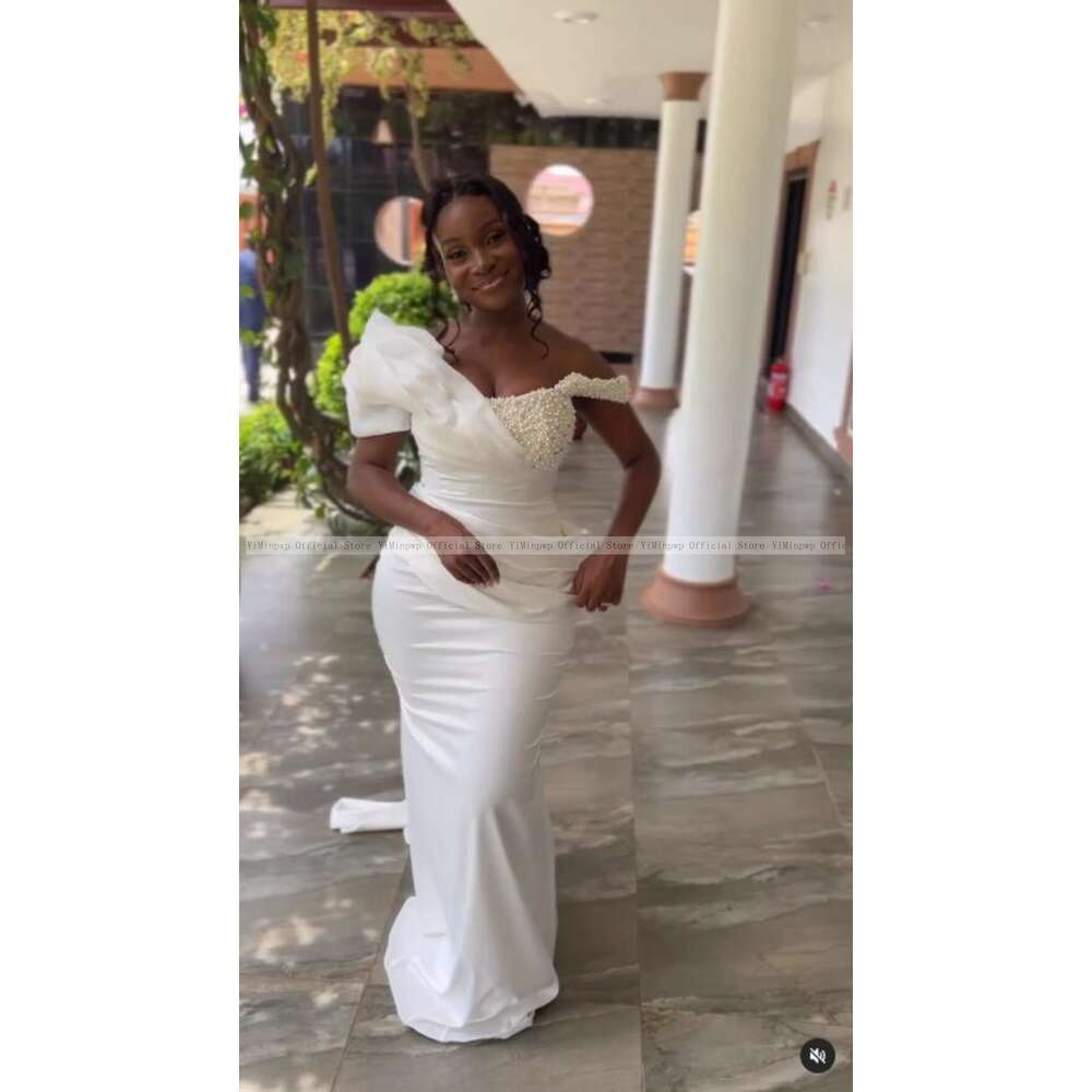 African Satin Mermaid special Dresses for Young Bride Off Shoulder Corset Pearls Beading Pleats Garden Summer Bridal Gowns