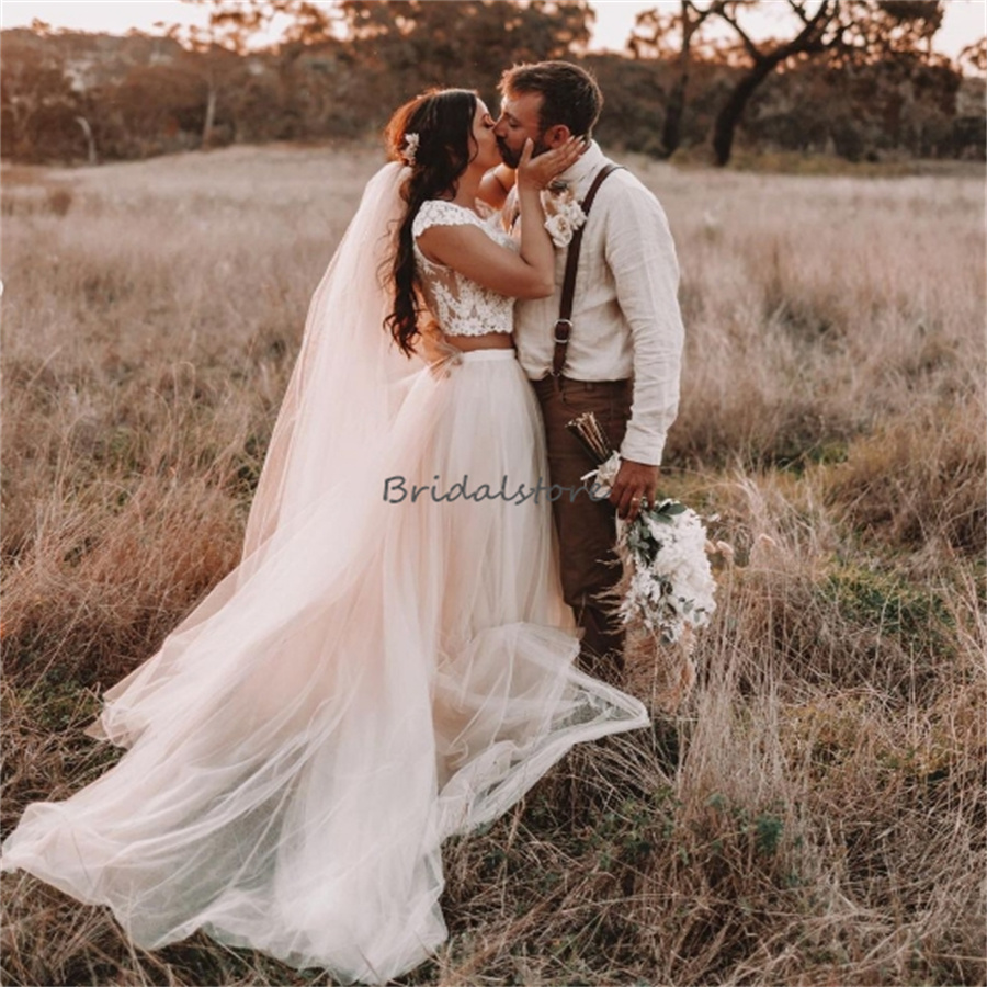 Elegant Two Piece Wedding Dresses 2024 Cap Sleeve Lace Forest Country Bride Dress Tulle Sweep Train Bohemian Bridal Gowns Vestio De Novia Women Farm R