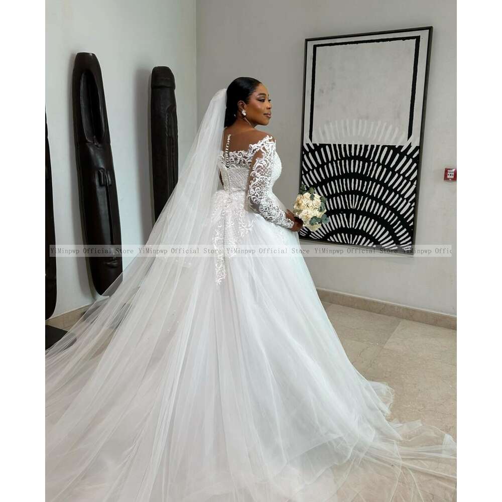 Spring Wedding Dresses for Bride Sheer Neck A e Button Closure Tulle Appliques African Garden Beach Bridal Gowns Plus Size