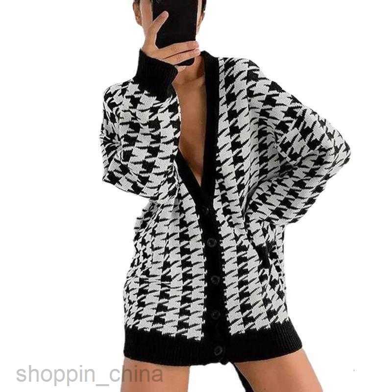 Women's Sweaters Autumn/Winter New Loose Bird Checker Long sleeved Single breasted Contrast Sweater Cardigan Coat for Women