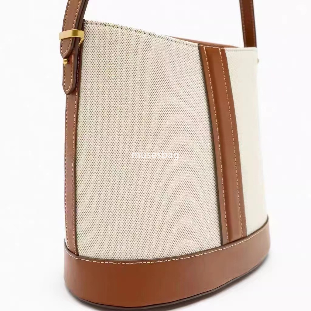 Neutral Wind Canvas Women Bag Spring and Autumn New Product Handheld Large Capacity Canvas Colored Spliced Shoulder Crossbody Water Bucket Bag for Wom