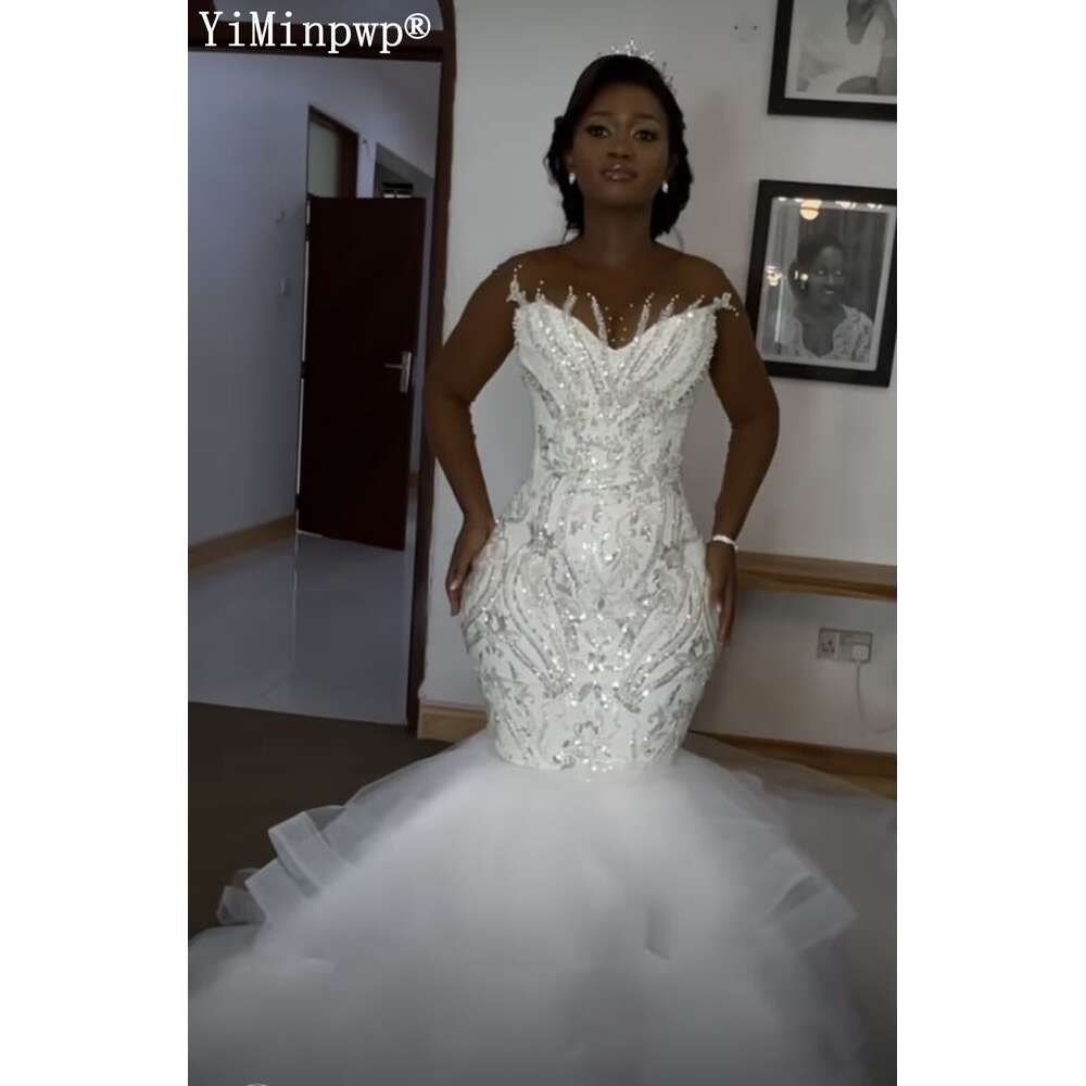 Africa White Mermaid Wedding Dresses for Black Bride Sheer Neck Long Sleeves Sweep Train Tulle Sequined Appliques Bridal Gowns