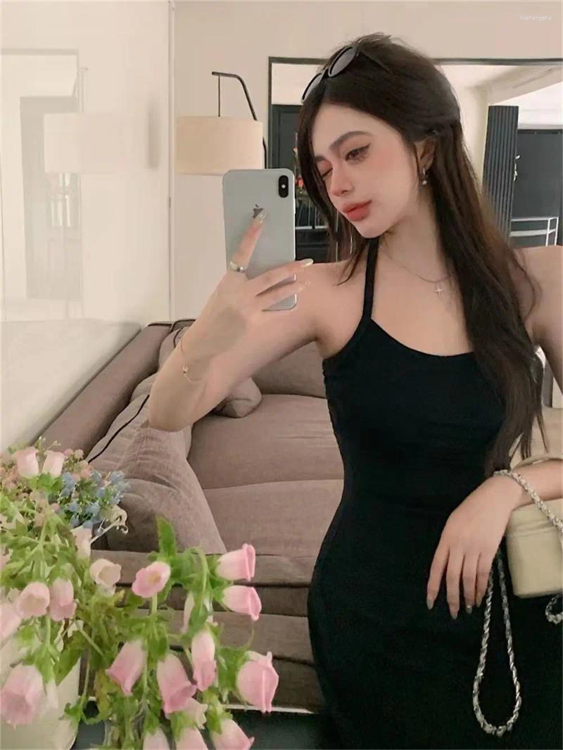 Casual Dresses Halter Long Women Slim Simple Bodycon Summer Hip Wrapped Korean Style Chic Temperament Elegant Vintage Stylish Ins BF