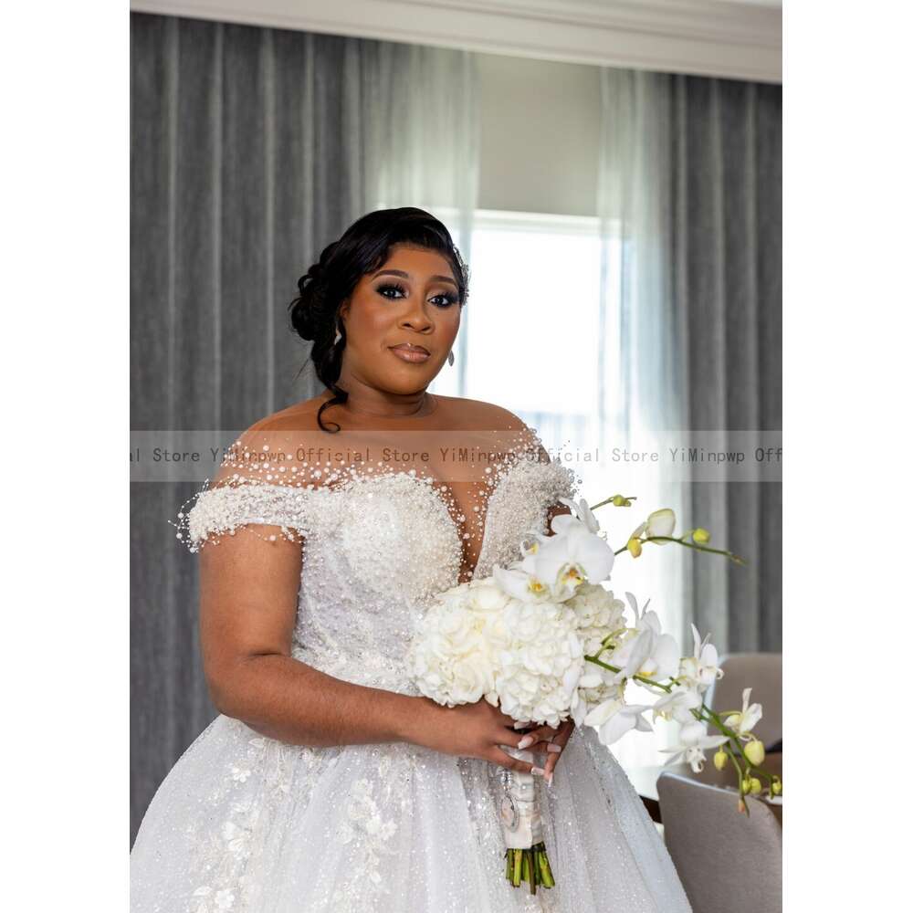 special Dresses for Bride 2024 Sheer Neck Lace up Back Mor Beading Sequins Pearls Plus Size Women African Bridal Gowns