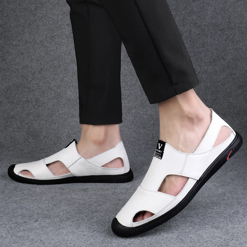 Retro style mens beach sandals Roman shoes non slip and wearable hollow breathable flat bottomed soft walking shoes for daily commuting and leisure 24