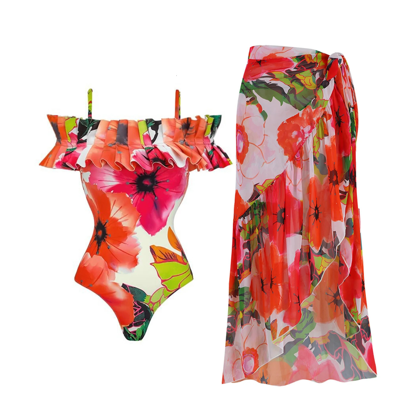 Floral Print Shoulder Ruffle One Piece Swimsuit With Cover Up Women Swimwear Sexy Swim Suit Monokini Bodysuit Bathing 240617