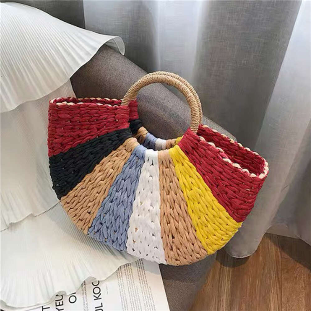 Colourful Women Handbag Rattan Wicker Straw Woven Half-round Bag Large Capacity Female Casual Travel Tote Fashion Bolsos H6.17#26 zhanyishengli