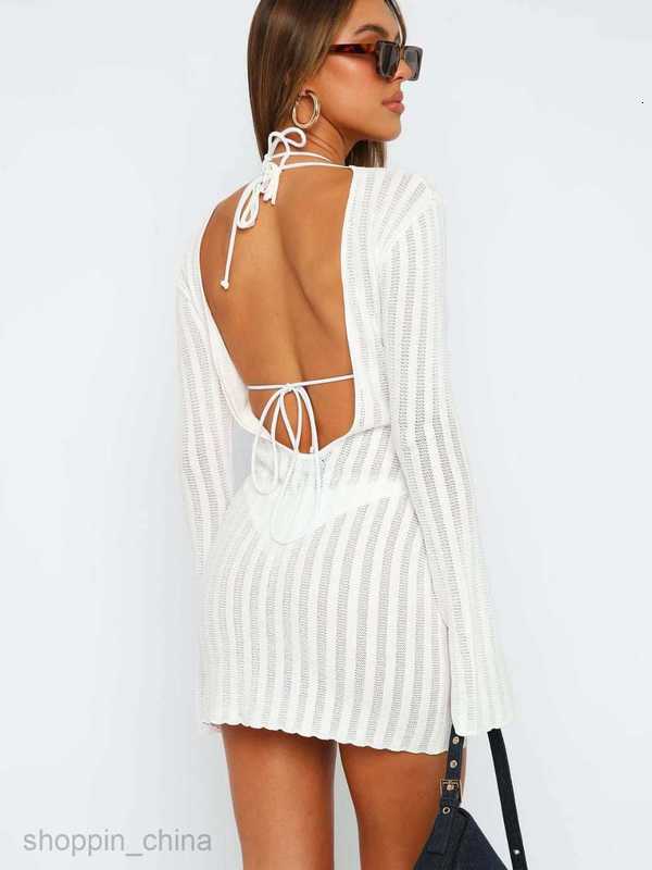 Basic Casual Women Dresses New sexy backless strap beach skirt long sleeved sun protection cover up skirt hollow out dress