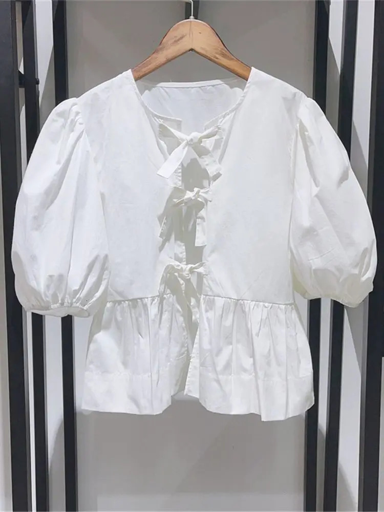 Laceup Women Puff Sleeve Shirt White or Black Sweet Oneck Spring Summer Blouse for Female 240617