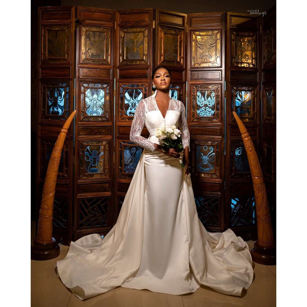 Yiminpwp Ivory Mermaid Special Dresses With Detachable Overskirt Stand Collar Long Sleeve Sweep Train Lace Robes De Mariage 6660311