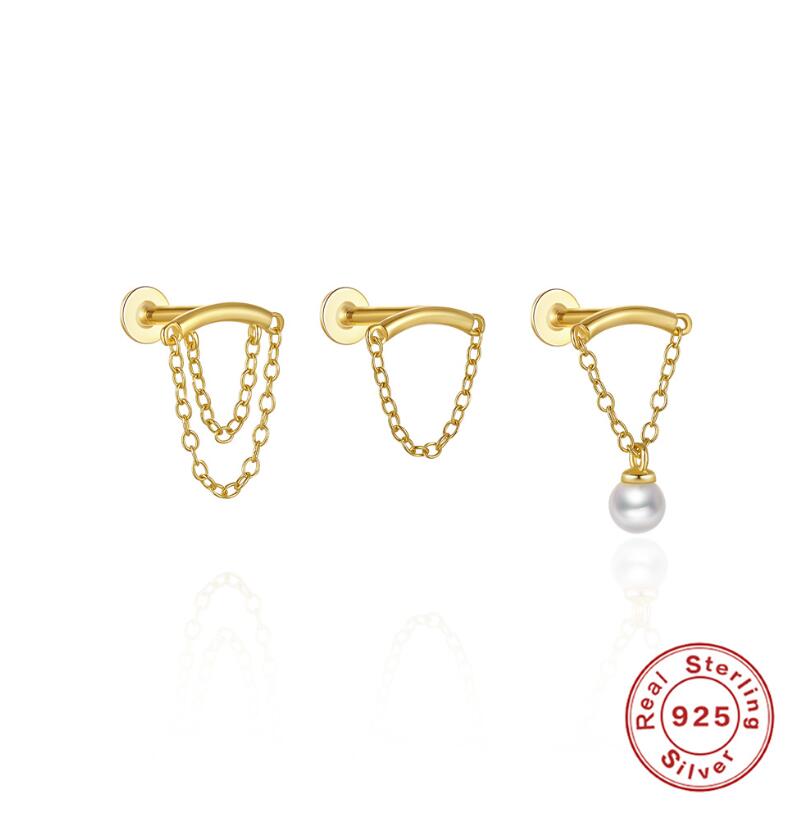 2024 S Sterg Sier Tassel Pearl Double Chain Piercing Earrings