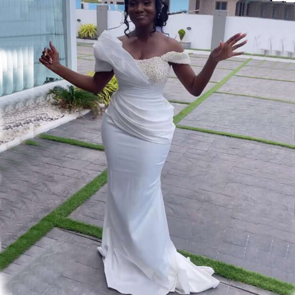 African Satin Mermaid special Dresses for Young Bride Off Shoulder Corset Pearls Beading Pleats Garden Summer Bridal Gowns