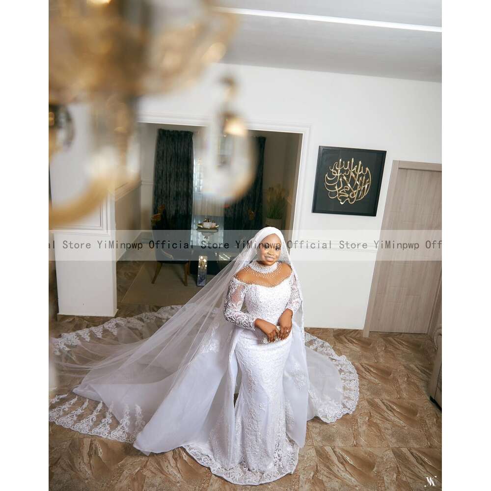Modest Mermaid Wedding Dresses with Detachable Train Muslim Bridal Gowns High Neck Long Sleeve Lace Beading vestido de casamento