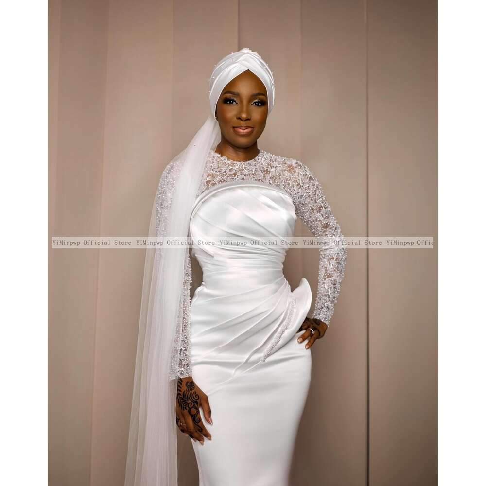 Aso Ebi White Mermaid special Dresses for Bride O Neck Long Sleeve Lace Pleats Beads African Bridal Gowns robes de mariee