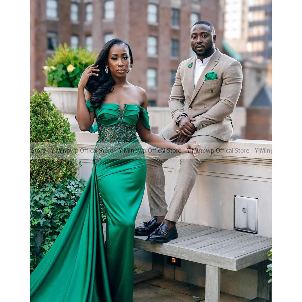 Green African Prom Dresses For Black Girls Off Shoulder With Overskirt Beading Pleats Formal Evening Party Gowns Robes De Soriee Mal