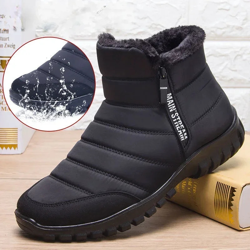 Winter mens ankle snow boots waterproof and non slip mens casual shoes warm plush plus size couple shoelaces Chaussure Homme66 240615