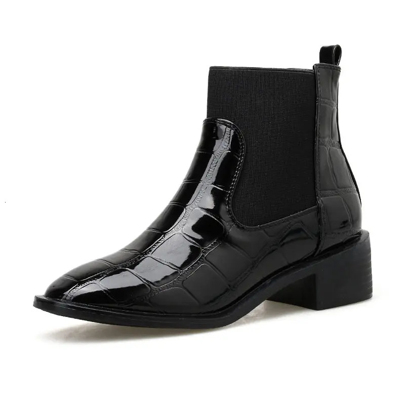 Women Round Toe Block Low Heel Black Slip On Patent Leather Ankle Boots Comfortable Non-slip Shoes 240617