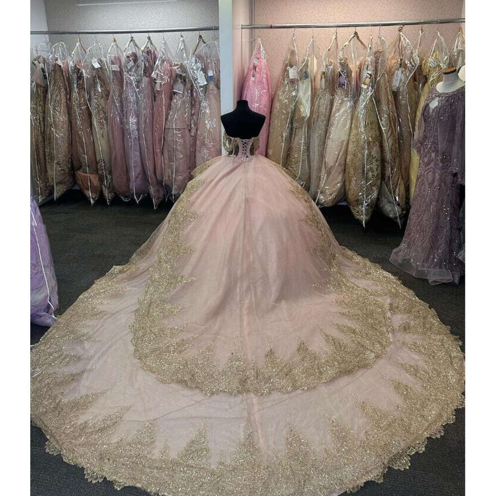 Gillter Pink Ball Gown Quinceanera Long Sparkly Off Shoulder Sweet 16 Dress Vestido De 15 Anos Lace-Up Corset 0603