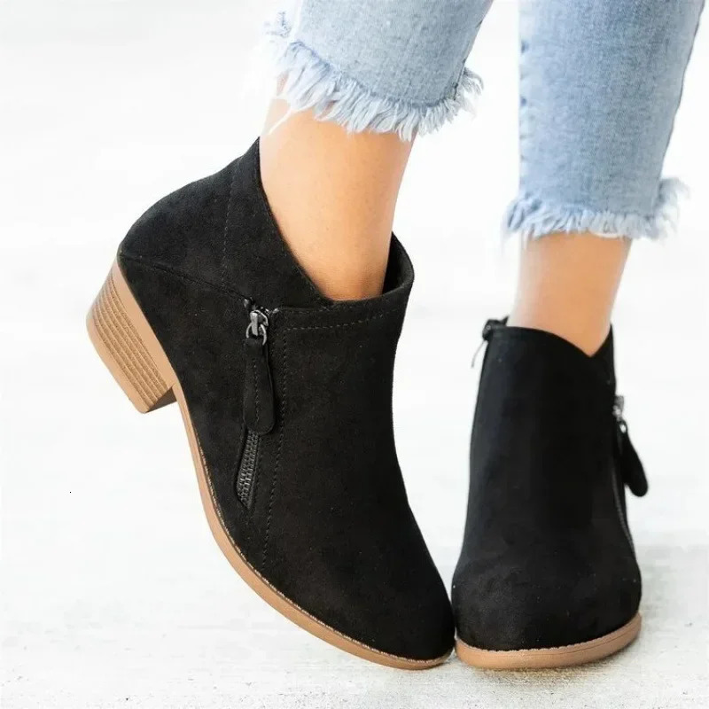 Womens ankle boots winter low heel suede leather shoes platform punk womens solid color high heels womens direct 240615