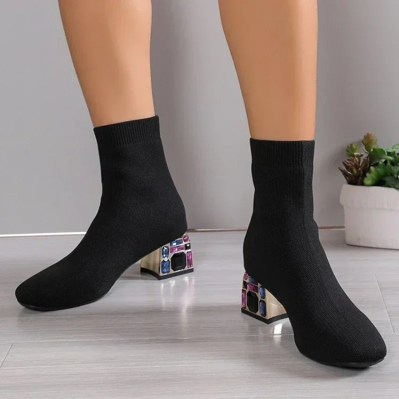 Womens Shoes Fashion High Heel Rhinestone Ankle Boots Comfortable Sliding Boots Womens Knitted Short Boots 2024 240615