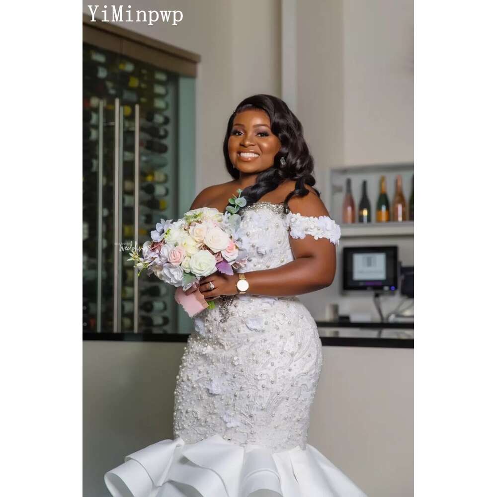 Off Shoulder Mermaid Wedding Dresses for Bride Sweet Heart Lace up Closure Cascading Ruffles Pearls Beads African Bridal Gowns