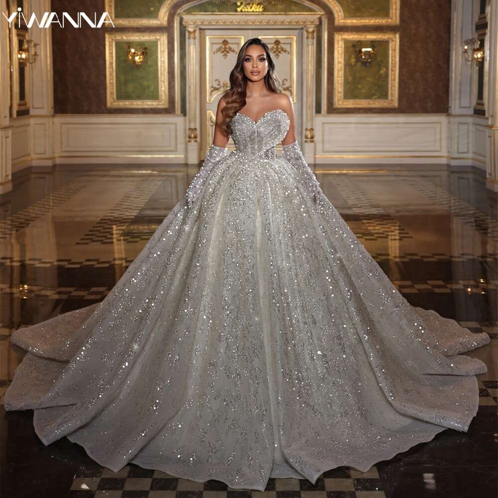 Romantic Sweetheart Neck Bridal Dress Sparkly Sequins Pearls special Ball Gown Long Bride Robe Vestido De Novia