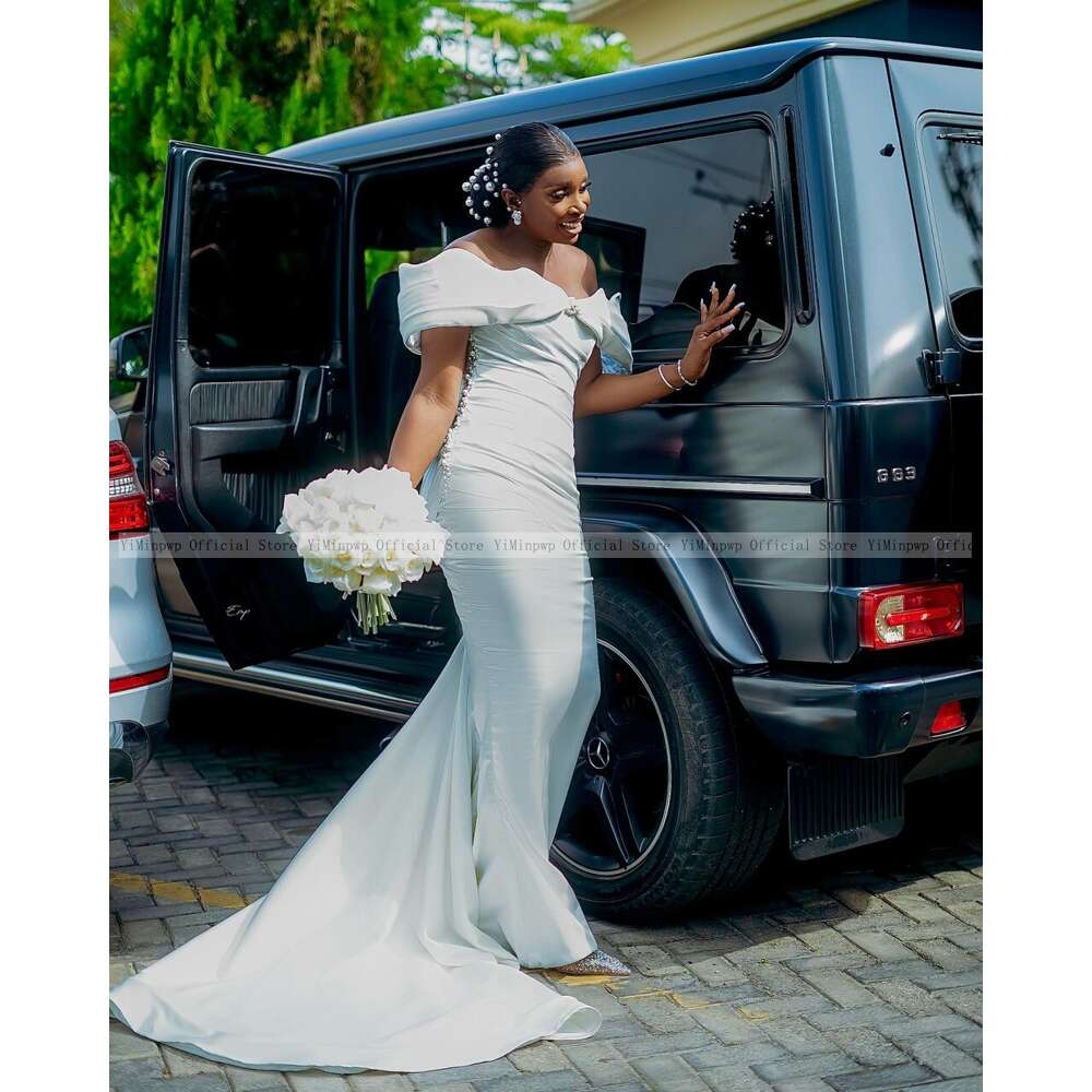 Summer Satin Mermaid special Dresses for Bride Off Shoulder Corset Sweep Train Pearls Pleats Africa Garden Country Bridal Gowns