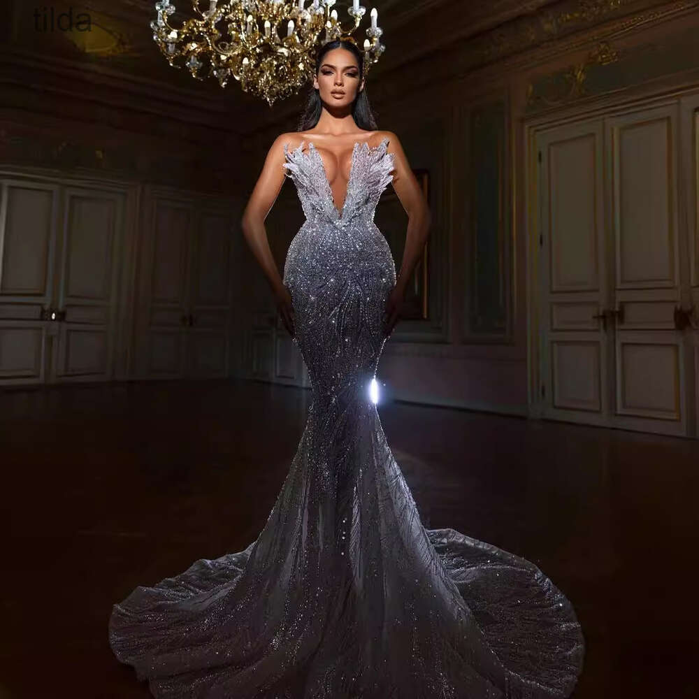 Quality Bridal Top Mermaid Wedding Spring/Summer Sequin Fishtail V-Neck Sleeveless Long Style Elegant Banquet Dress