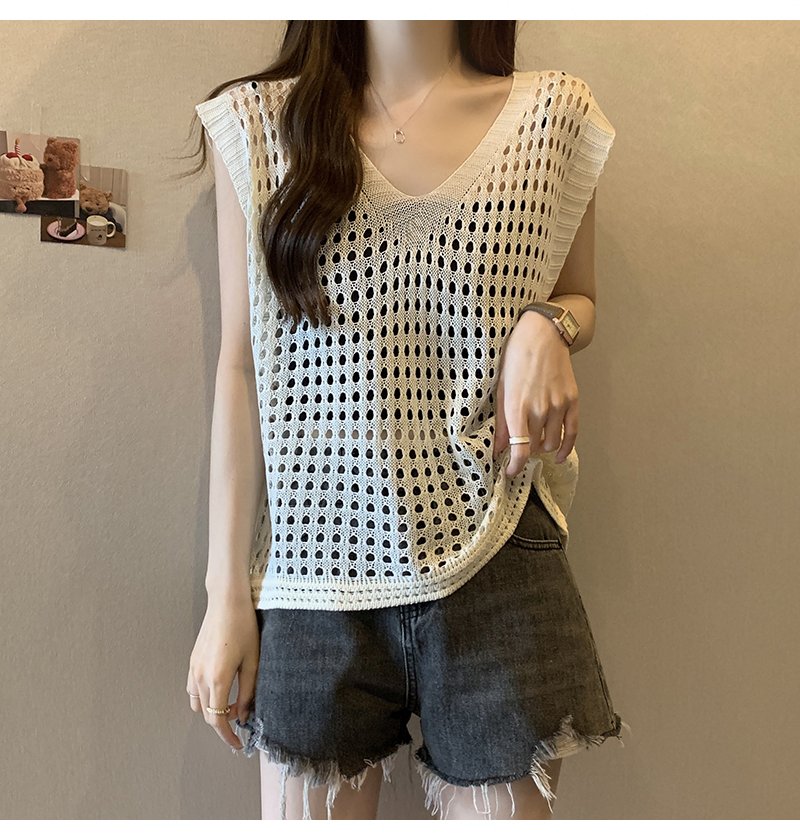 v-neck Thin Hollow Plus Size Tank Knit Sweater Women Clothing Sleevel Top For External Wear Solid Casual Vest Summer New D2OS#