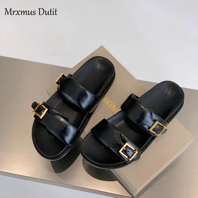 Mrxmus Dutit Summer British Retro Gold Buckle Casual Sandals Flat Fashion Leather Shoes Womens 250228