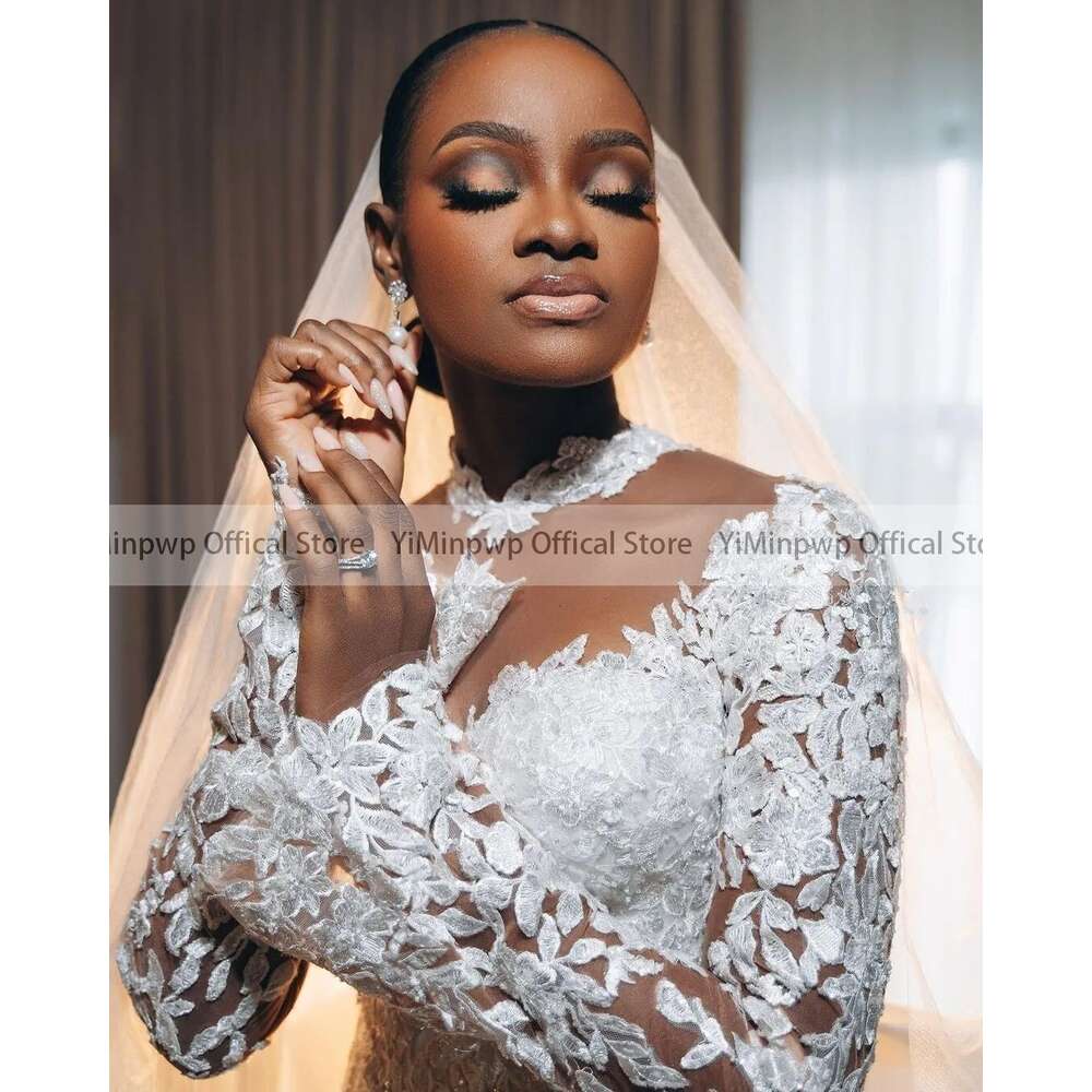 Shinny Mermaid Wedding Dresses for Bride African Bridal Gowns O Neck Long Sleeve Sweep Train Lace Appliques Sequined Beads