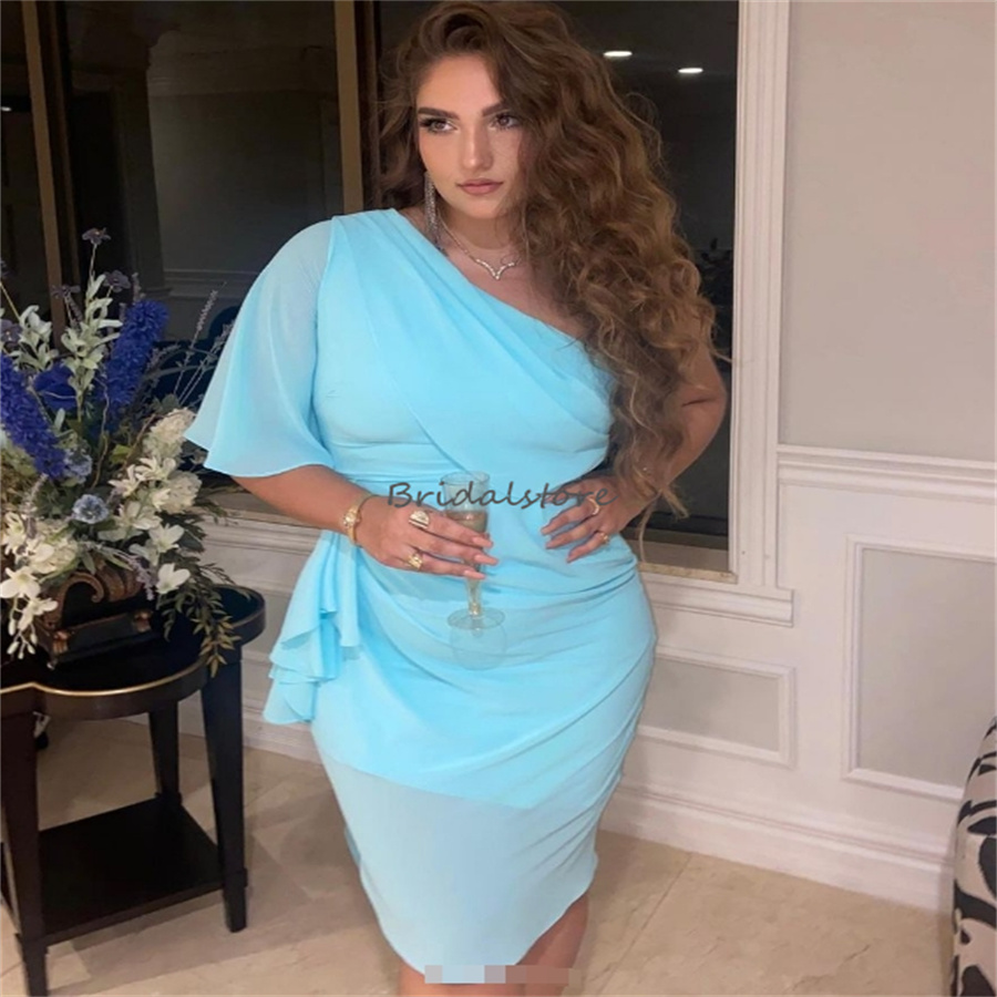 Sky Blue One Shoulder Short Prom Dresses Plus Size Knee Length Chiffon Evening Dress Short Sleeves Arabic Formal Cocktail PartyNight Club Dinner Vesti