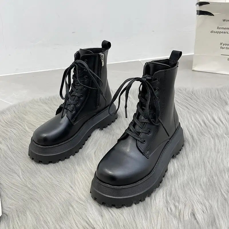 Footwear Combat Chunky Short Shoes for Women Work Booties Sneakers Female Ankle Boots Black Punk Style Leather White Platform Pu 240617