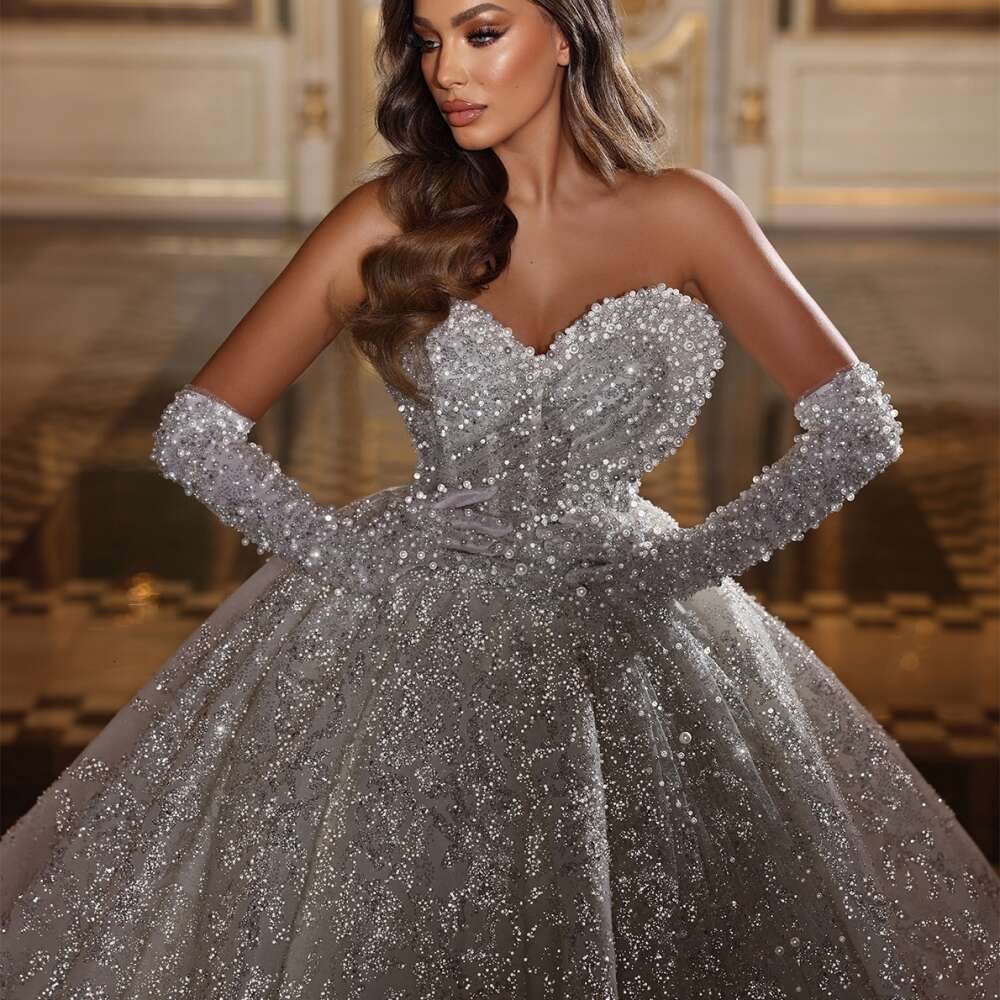 Sweetheart Romantic Neck Bridal Dress Sparkly Sequins Pearls Wedding Ball Gown Long Bride Robe Vestido De Novia
