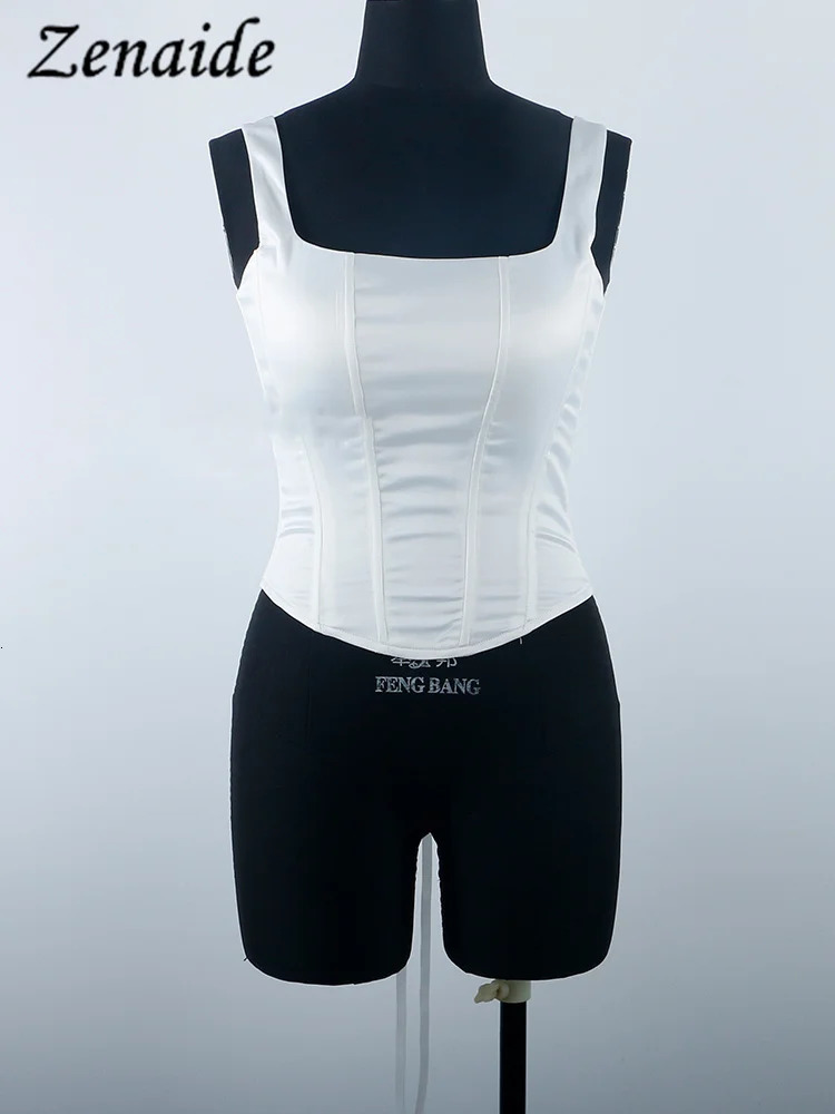 Zenaide Sexy Square Neck Satin Corset Crop Tops Summer Women Sleeveless Bandage Tank Top Camis Party Club 240617