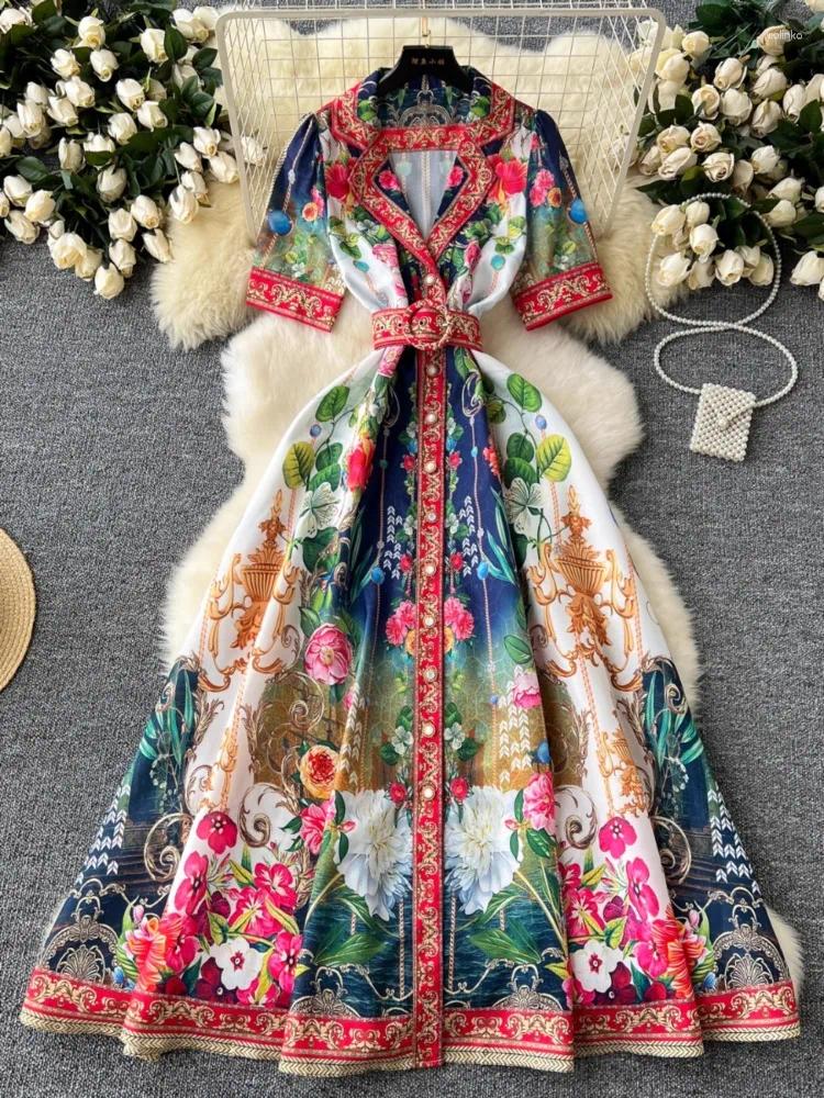 Party Dresses Harajpee 2024 Summer Women Shirt Collar Single Breasted Waist Wrapped Large Hem Printed French Elegant Dress Vestido